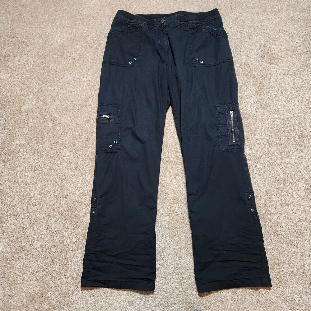 Chico's Pants Women 2 US 12 Black High Rise Cargo Straight Leg Roll Tab